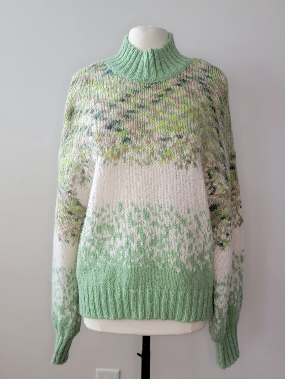 Aerie Women’s Mock Neck Knit Sweater Green White Speckled Fair Isle Style XL EUC